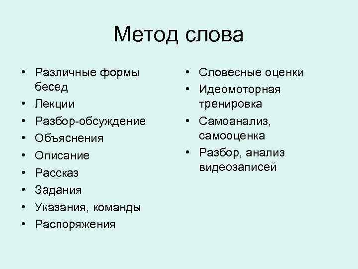 Метод слова • Различные формы бесед • Лекции • Разбор-обсуждение • Объяснения • Описание
