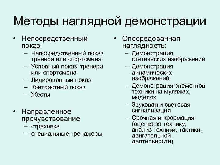 Методы наглядной демонстрации • Непосредственный показ: – Непосредственный показ тренера или спортсмена – Условный