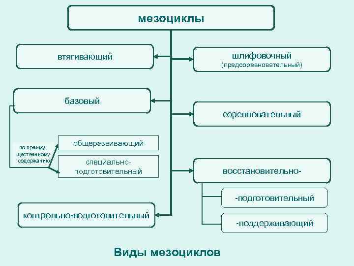 мезоциклы шлифовочный втягивающий (предсоревновательный) базовый соревновательный по преимущественному содержанию общеразвивающий специальноподготовительный восстановительно-подготовительный контрольно-подготовительный Виды