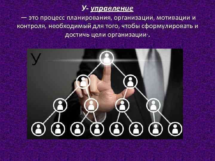 У- управление — это процесс планирования, организации, мотивации и контроля, необходимый для того, чтобы