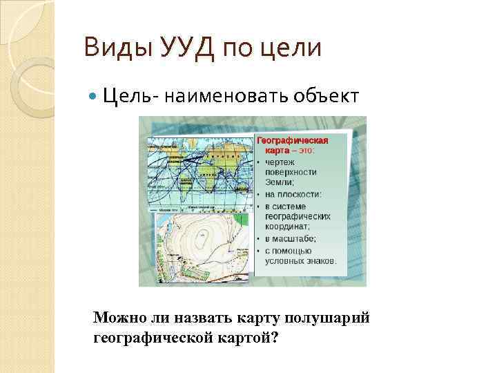 Виды УУД по цели Цель- наименовать объект Можно ли назвать карту полушарий географической картой?
