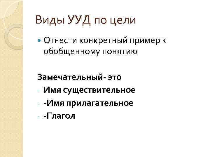 Виды УУД по цели Отнести конкретный пример к обобщенному понятию Замечательный- это - Имя