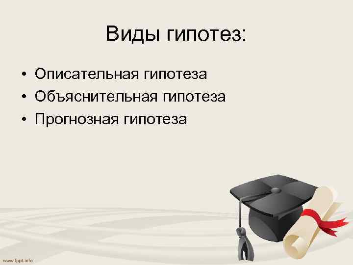 Виды гипотез: • Описательная гипотеза • Объяснительная гипотеза • Прогнозная гипотеза 