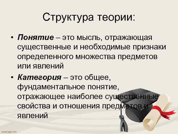 Структура теории: • Понятие – это мысль, отражающая существенные и необходимые признаки определенного множества