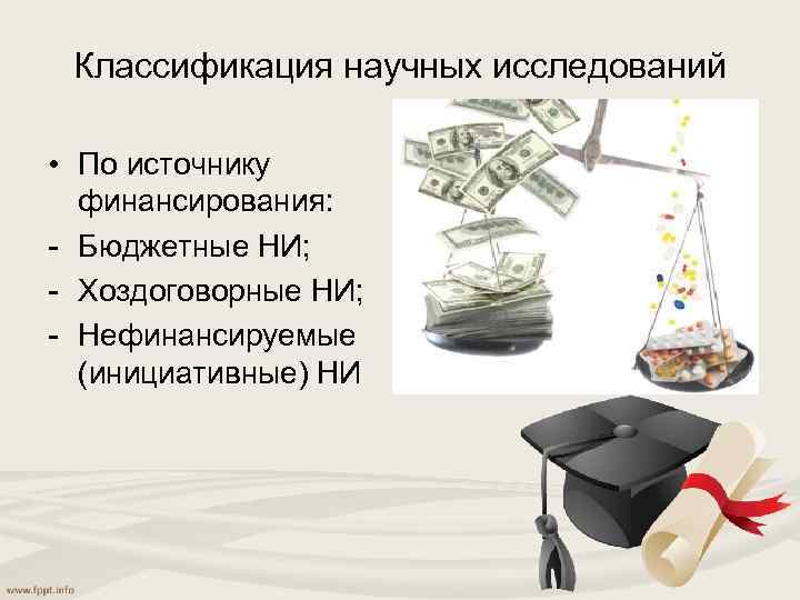 Классификация научных исследований • По источнику финансирования: - Бюджетные НИ; - Хоздоговорные НИ; -