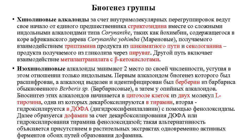 Биогенез группы • Хинолиновые алкалоиды за счет внутримолекулярных перегруппировок ведут свое начало от единого