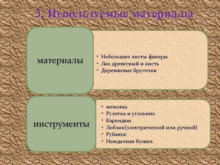 3. Используемые материалы инструменты • Небольшие листы фанеры • Лак древесный и кисть •