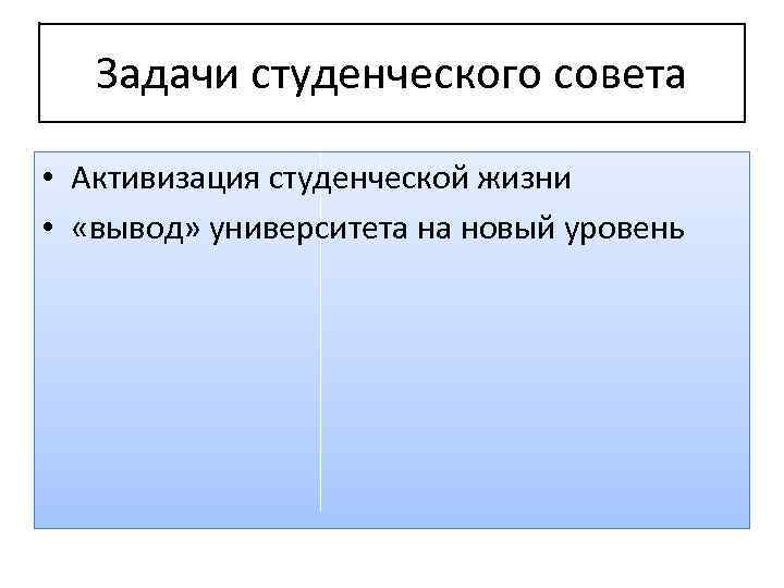 Задачи студенческого совета • Активизация студенческой жизни • «вывод» университета на новый уровень 