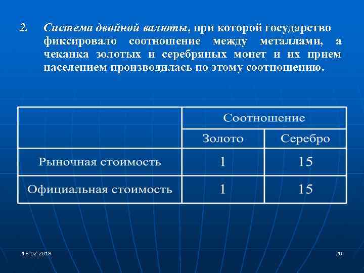 2. Система двойной валюты, при которой государство фиксировало соотношение между металлами, а чеканка золотых