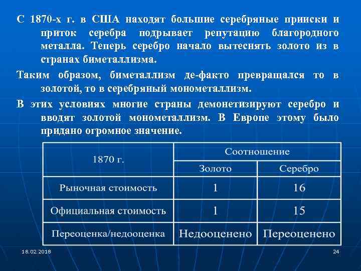 С 1870 -х г. в США находят большие серебряные прииски и приток серебра подрывает