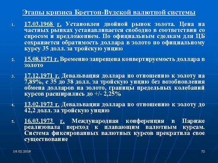 Этапы кризиса Бреттон-Вудской валютной системы 1. 2. 3. 4. 5. 17. 03. 1968 г.
