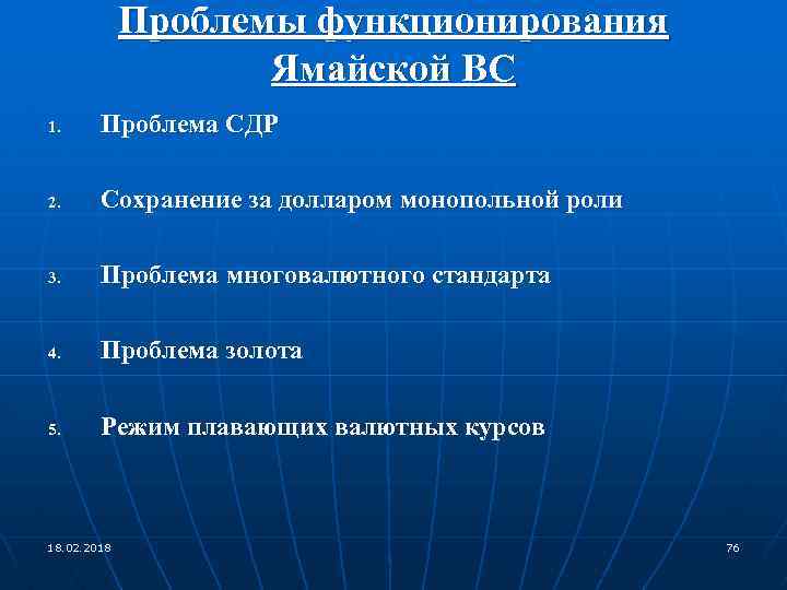 Проблемы функционирования Ямайской ВС 1. Проблема СДР 2. Сохранение за долларом монопольной роли 3.