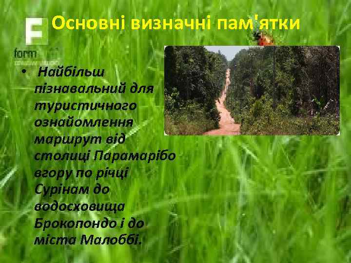 Основні визначні пам'ятки • Найбільш пізнавальний для туристичного ознайомлення маршрут від столиці Парамарібо вгору