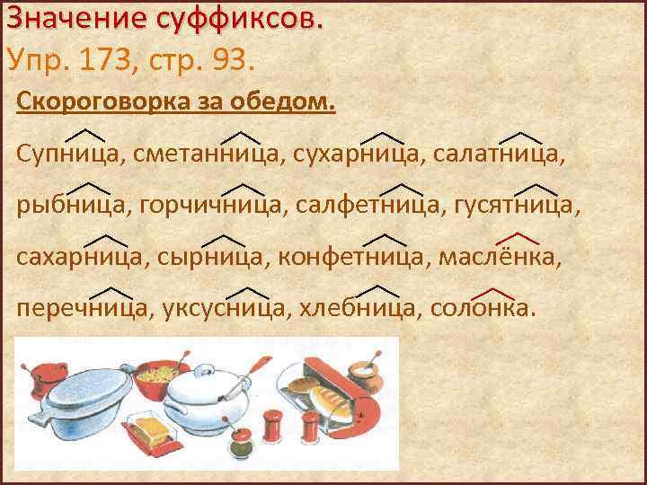 Значение суффиксов. Упр. 173, стр. 93. Скороговорка за обедом. Супница, сметанница, сухарница, салатница, рыбница,