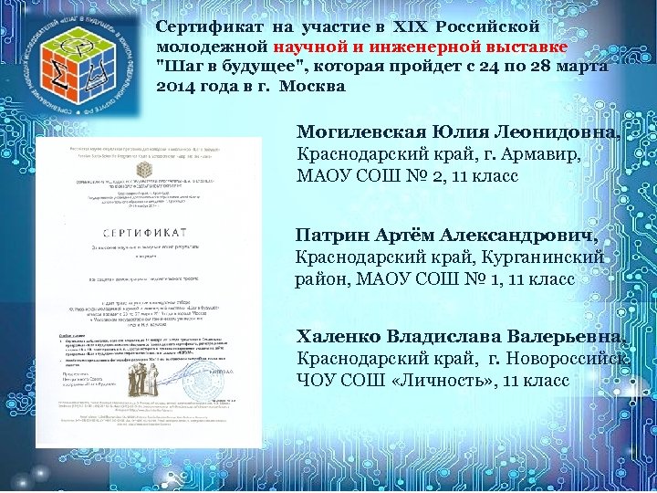 Сертификат на участие в XIX Российской молодежной научной и инженерной выставке 