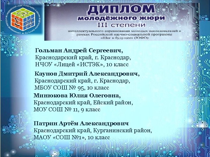Гольман Андрей Сергеевич, Краснодарский край, г. Краснодар, НЧОУ «Лицей «ИСТЭК» , 10 класс Каунов