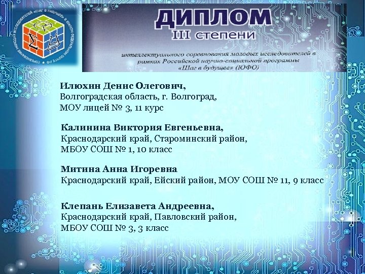 Илюхин Денис Олегович, Волгоградская область, г. Волгоград, МОУ лицей № 3, 11 курс Калинина