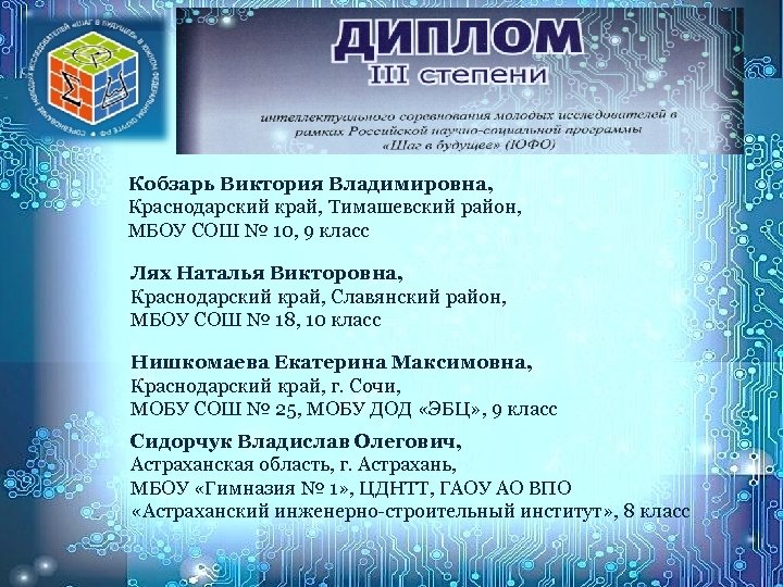 Кобзарь Виктория Владимировна, Краснодарский край, Тимашевский район, МБОУ СОШ № 10, 9 класс Лях