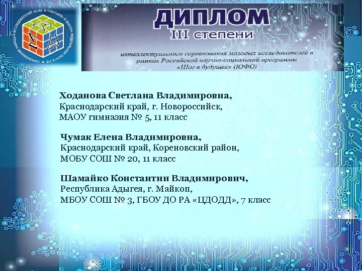Ходанова Светлана Владимировна, Краснодарский край, г. Новороссийск, МАОУ гимназия № 5, 11 класс Чумак