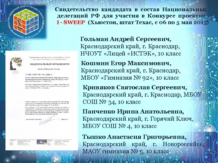 Свидетельство кандидата в состав Национальных делегаций РФ для участия в Конкурсе проектов I -