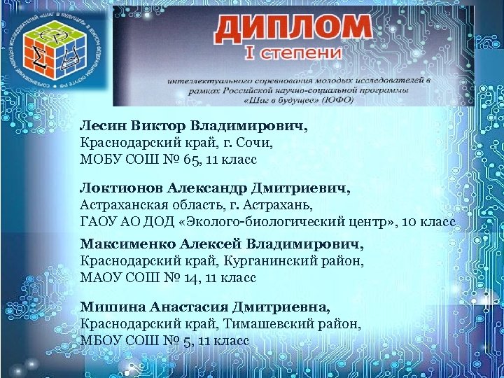 Лесин Виктор Владимирович, Краснодарский край, г. Сочи, МОБУ СОШ № 65, 11 класс Локтионов