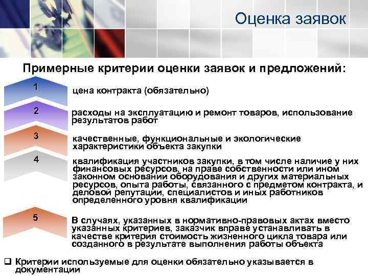 Оценка заявок Примерные критерии оценки заявок и предложений: 1 цена контракта (обязательно) 2 расходы
