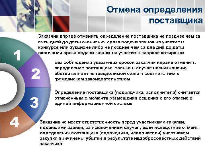 Отмена определения поставщика 1 4 Заказчик вправе отменить определение поставщика не позднее чем за
