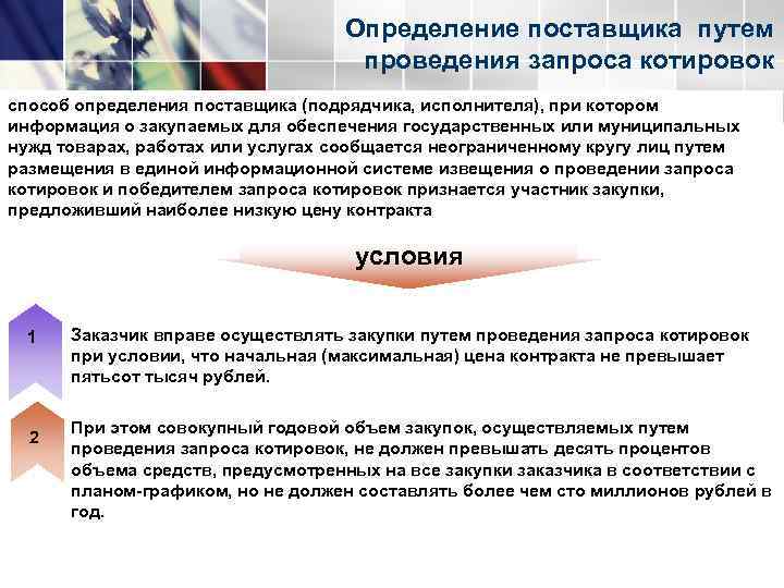 Определение поставщика путем проведения запроса котировок способ определения поставщика (подрядчика, исполнителя), при котором информация