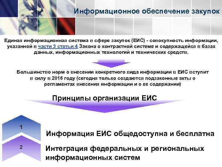 Информационное обеспечение закупок Единая информационная система в сфере закупок (ЕИС) - совокупность информации, указанной
