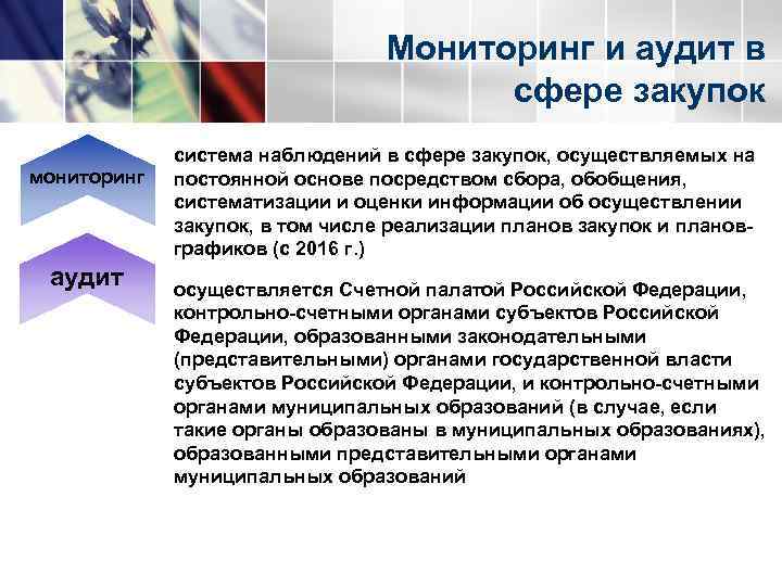 Мониторинг и аудит в сфере закупок мониторинг аудит система наблюдений в сфере закупок, осуществляемых