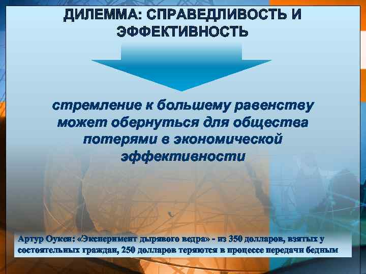 ДИЛЕММА: СПРАВЕДЛИВОСТЬ И ЭФФЕКТИВНОСТЬ стремление к большему равенству может обернуться для общества потерями в