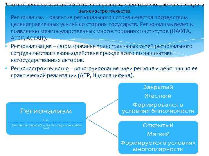 Развитие региональных связей связано с процессами регионализма, регионализации и регионостроительства Регионализм – развитие регионального