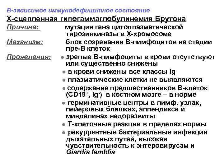 B-зависимое иммунодефицитное состояние X-сцепленная гипогаммаглобулинемия Брутона Причина: Механизм: Проявления: мутация гена цитоплазматической тирозинкиназы в