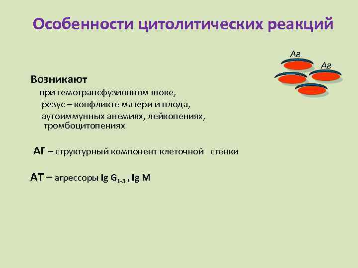 Особенности цитолитических реакций Аг Аг Возникают при гемотрансфузионном шоке, резус – конфликте матери и