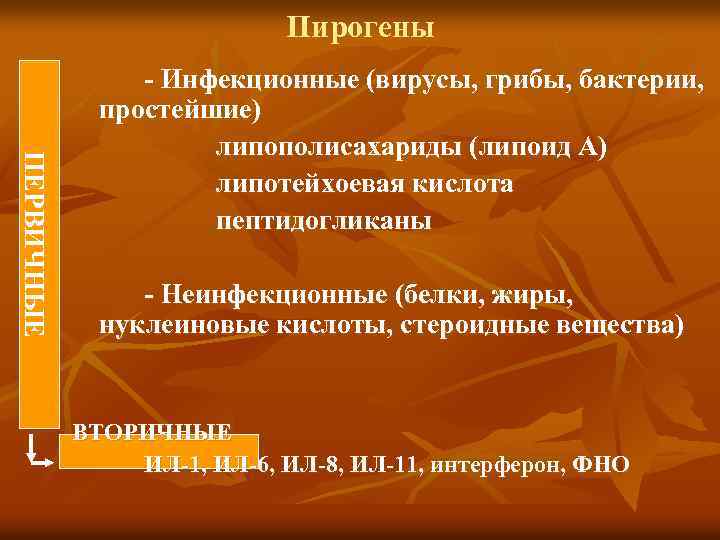 Пирогены ПЕРВИЧНЫЕ - Инфекционные (вирусы, грибы, бактерии, простейшие) липополисахариды (липоид А) липотейхоевая кислота пептидогликаны