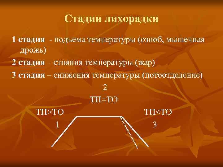 Стадии лихорадки 1 стадия - подъема температуры (озноб, мышечная дрожь) 2 стадия – стояния
