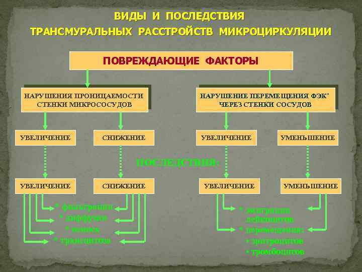 ВИДЫ И ПОСЛЕДСТВИЯ ТРАНСМУРАЛЬНЫХ РАССТРОЙСТВ МИКРОЦИРКУЛЯЦИИ ПОВРЕЖДАЮЩИЕ ФАКТОРЫ НАРУШЕНИЯ ПРОНИЦАЕМОСТИ СТЕНКИ МИКРОСОСУДОВ УВЕЛИЧЕНИЕ СНИЖЕНИЕ