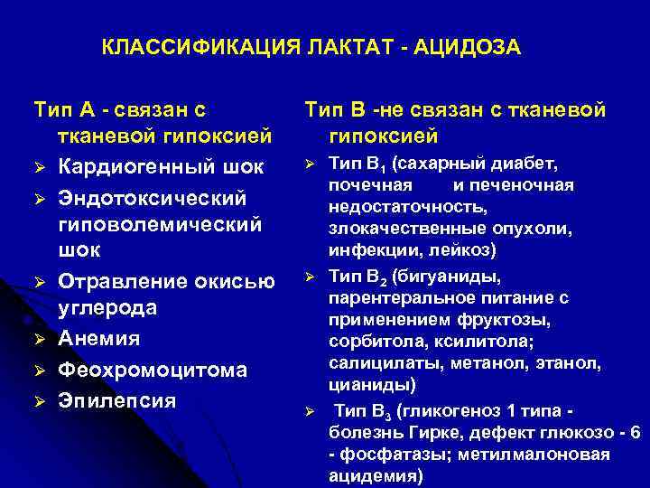 КЛАССИФИКАЦИЯ ЛАКТАТ - АЦИДОЗА Тип А - связан с тканевой гипоксией Ø Кардиогенный шок