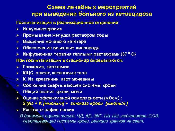 Схема лечебных мероприятий при выведении больного из кетоацидоза Госпитализация в реанимационное отделение Ø Инсулинотерапия