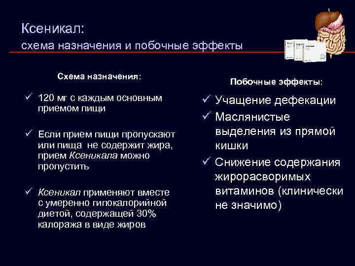 Ксеникал: схема назначения и побочные эффекты Схема назначения: ü 120 мг с каждым основным