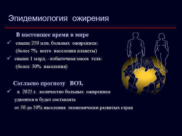 Эпидемиология ожирения В настоящее время в мире ü cвыше 250 млн. больных ожирением: (более