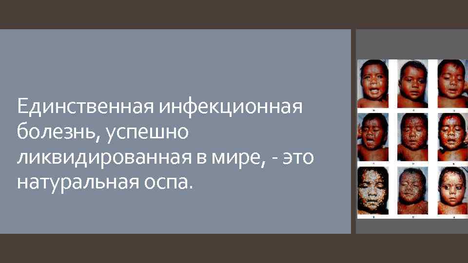 Единственная инфекционная болезнь, успешно ликвидированная в мире, - это натуральная оспа. 