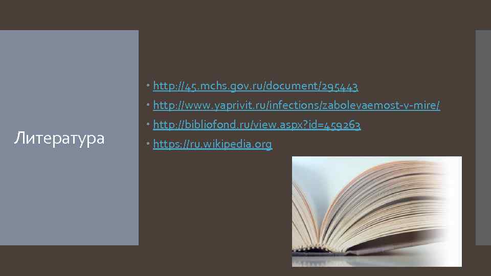  http: //45. mchs. gov. ru/document/295443 http: //www. yaprivit. ru/infections/zabolevaemost-v-mire/ Литература http: //bibliofond. ru/view.