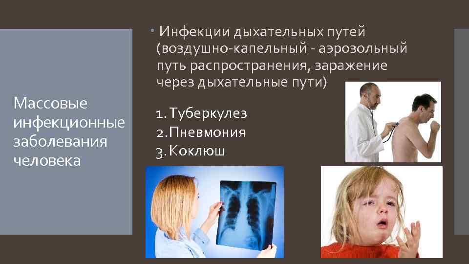  Инфекции дыхательных путей (воздушно-капельный - аэрозольный путь распространения, заражение через дыхательные пути) Массовые