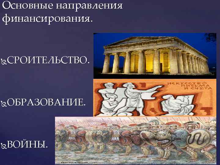 Основные направления финансирования. СРОИТЕЛЬСТВО. ОБРАЗОВАНИЕ. ВОЙНЫ. 