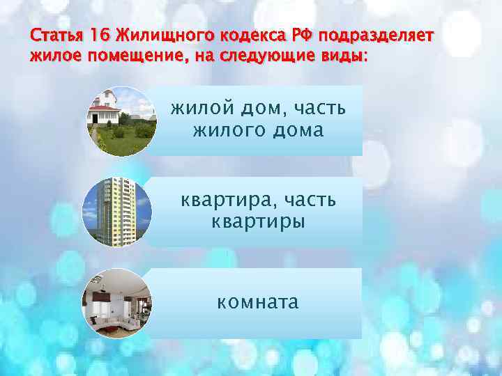 Статья 16 Жилищного кодекса РФ подразделяет жилое помещение, на следующие виды: жилой дом, часть