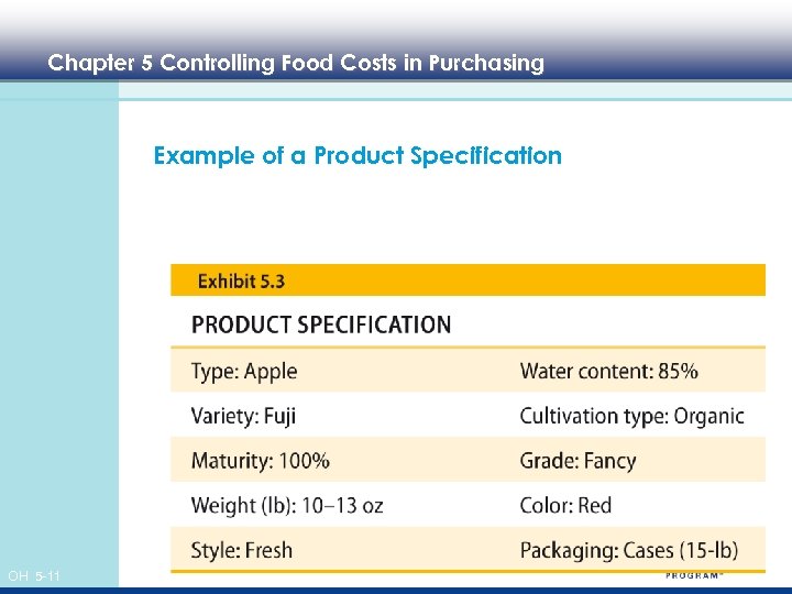 Chapter 5 Controlling Food Costs in Purchasing Example of a Product Specification OH 5
