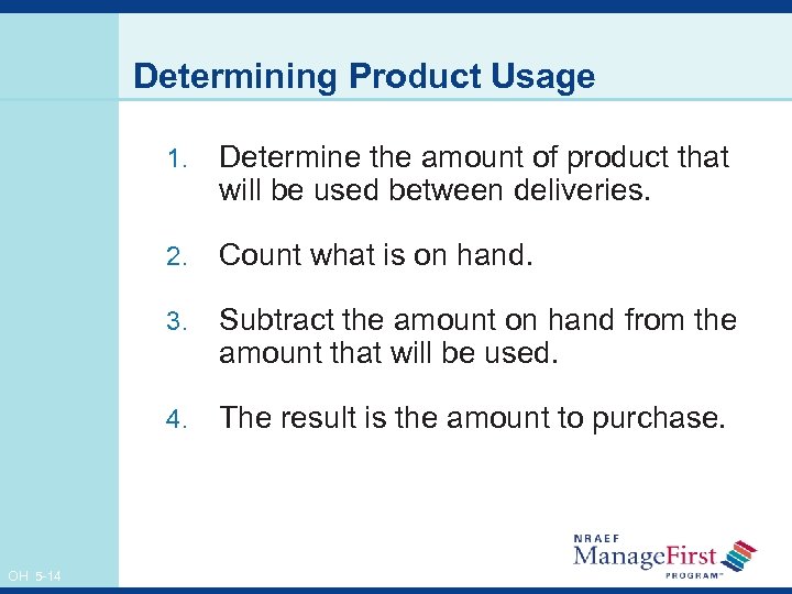 Determining Product Usage 1. 2. Count what is on hand. 3. Subtract the amount