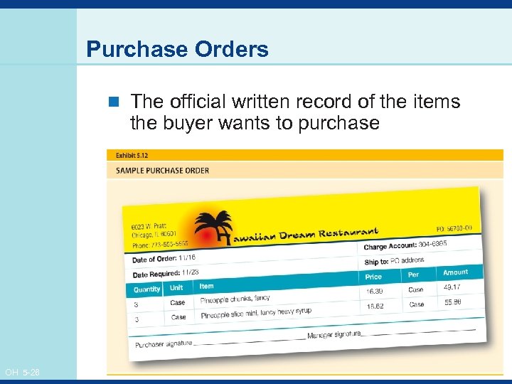 Purchase Orders n The official written record of the items the buyer wants to