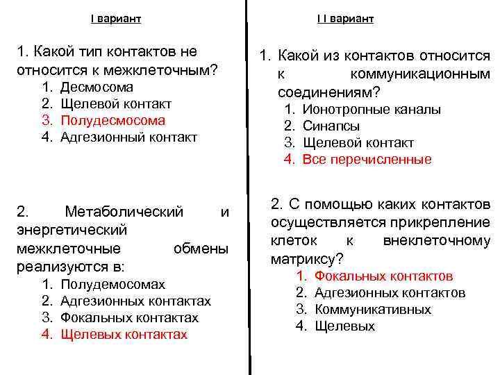 I вариант 1. Какой тип контактов не относится к межклеточным? 1. 2. 3. 4.